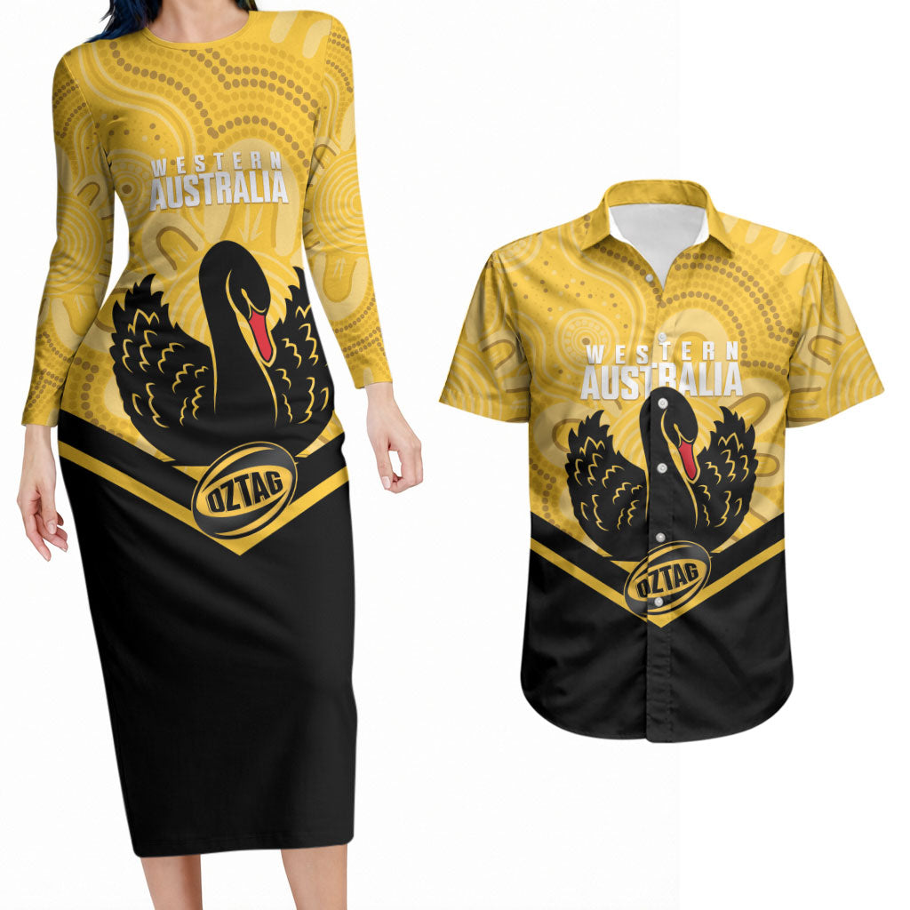 Western Australia Oztag Custom Couples Matching Long Sleeve Bodycon Dress and Hawaiian Shirt WA Black Swan Indigenous Art