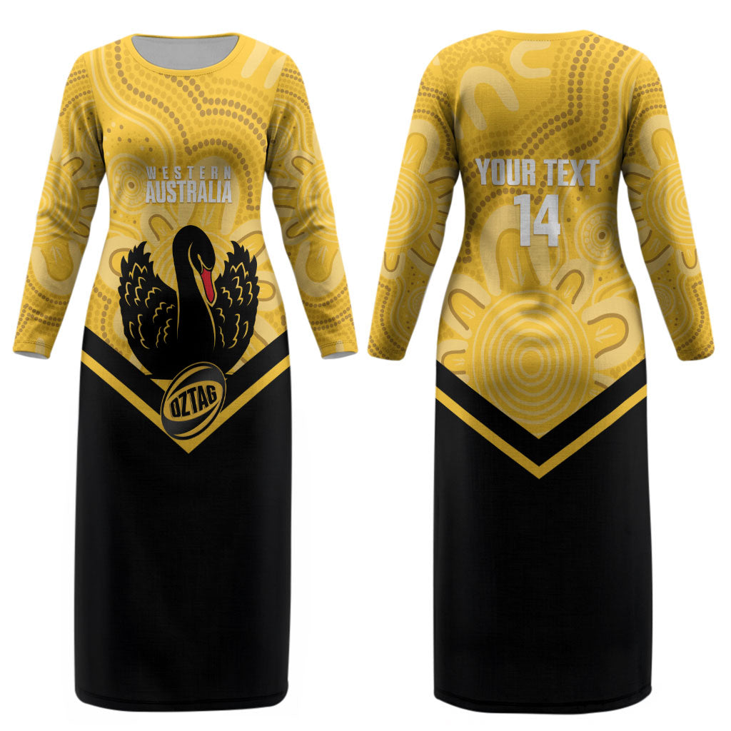 Western Australia Oztag Custom Couples Matching Long Sleeve Bodycon Dress and Hawaiian Shirt WA Black Swan Indigenous Art
