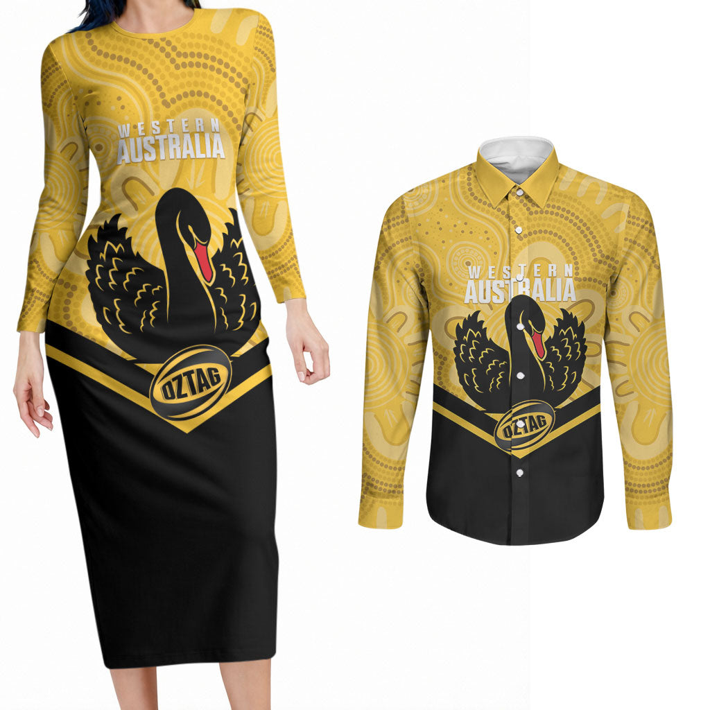 Western Australia Oztag Custom Couples Matching Long Sleeve Bodycon Dress and Long Sleeve Button Shirt WA Black Swan Indigenous Art