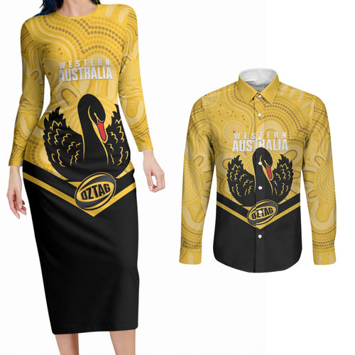 Western Australia Oztag Custom Couples Matching Long Sleeve Bodycon Dress and Long Sleeve Button Shirt WA Black Swan Indigenous Art