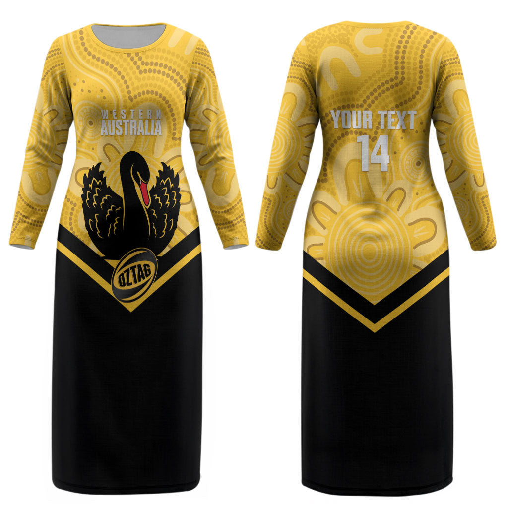 Western Australia Oztag Custom Couples Matching Long Sleeve Bodycon Dress and Long Sleeve Button Shirt WA Black Swan Indigenous Art