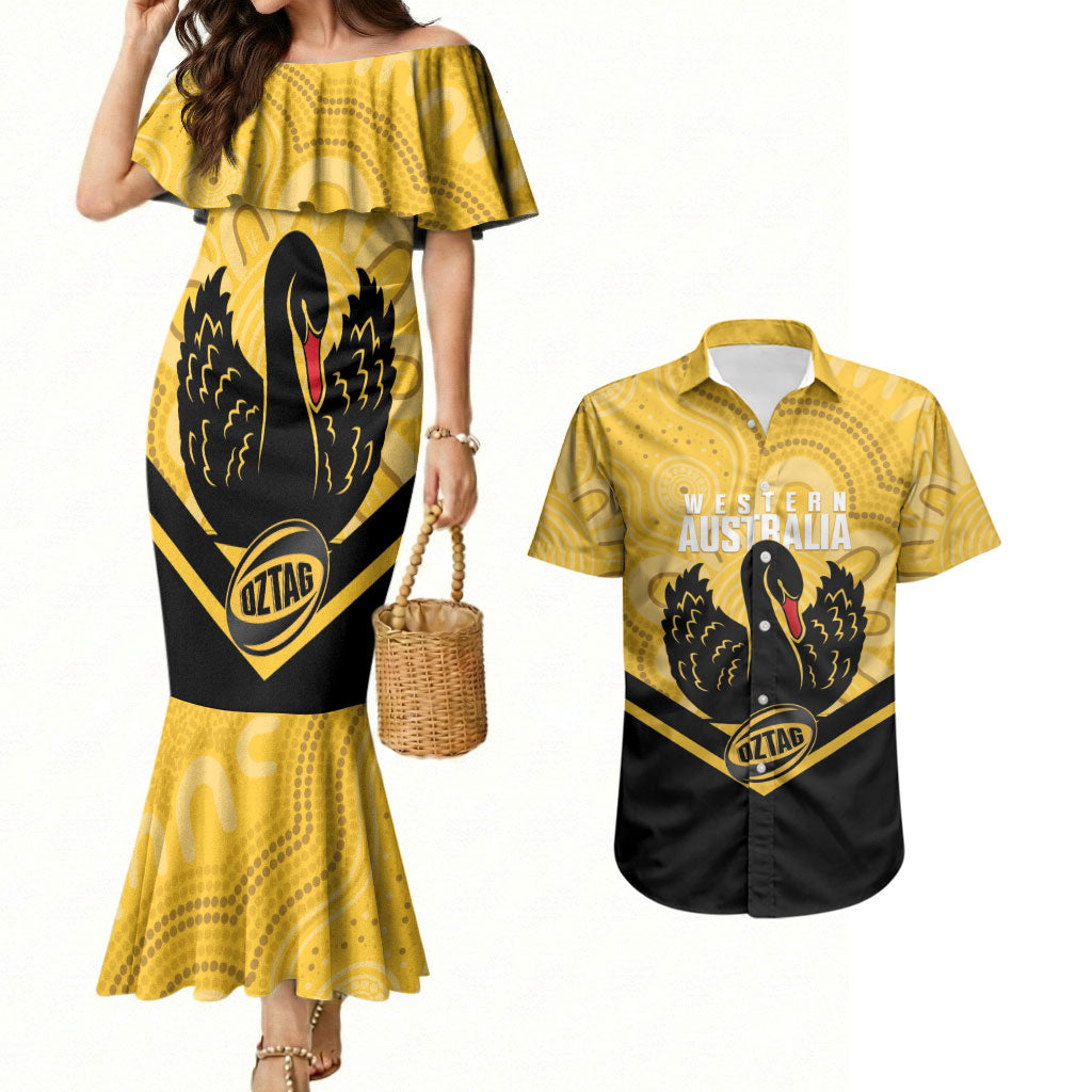 Western Australia Oztag Custom Couples Matching Mermaid Dress and Hawaiian Shirt WA Black Swan Indigenous Art