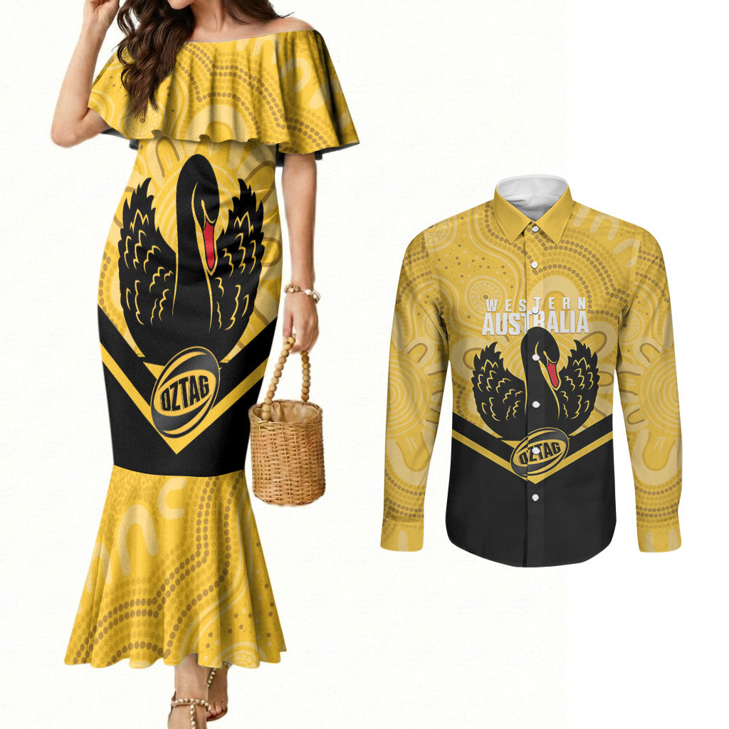 Western Australia Oztag Custom Couples Matching Mermaid Dress and Long Sleeve Button Shirt WA Black Swan Indigenous Art