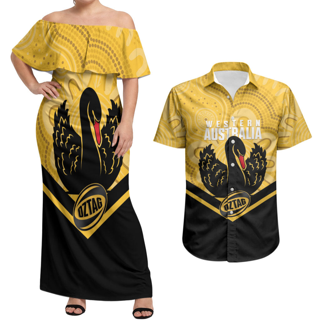 Western Australia Oztag Custom Couples Matching Off Shoulder Maxi Dress and Hawaiian Shirt WA Black Swan Indigenous Art