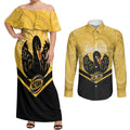 Western Australia Oztag Custom Couples Matching Off Shoulder Maxi Dress and Long Sleeve Button Shirt WA Black Swan Indigenous Art
