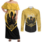 Western Australia Oztag Custom Couples Matching Off Shoulder Maxi Dress and Long Sleeve Button Shirt WA Black Swan Indigenous Art