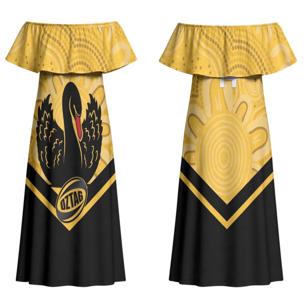 Western Australia Oztag Custom Couples Matching Off Shoulder Maxi Dress and Long Sleeve Button Shirt WA Black Swan Indigenous Art