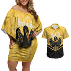 Western Australia Oztag Custom Couples Matching Off Shoulder Short Dress and Hawaiian Shirt WA Black Swan Indigenous Art