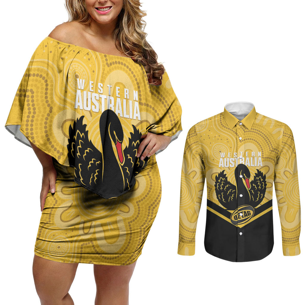 Western Australia Oztag Custom Couples Matching Off Shoulder Short Dress and Long Sleeve Button Shirt WA Black Swan Indigenous Art