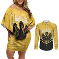 Western Australia Oztag Custom Couples Matching Off Shoulder Short Dress and Long Sleeve Button Shirt WA Black Swan Indigenous Art