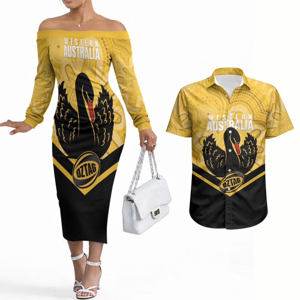 Western Australia Oztag Custom Couples Matching Off The Shoulder Long Sleeve Dress and Hawaiian Shirt WA Black Swan Indigenous Art