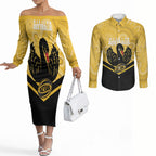 Western Australia Oztag Custom Couples Matching Off The Shoulder Long Sleeve Dress and Long Sleeve Button Shirt WA Black Swan Indigenous Art