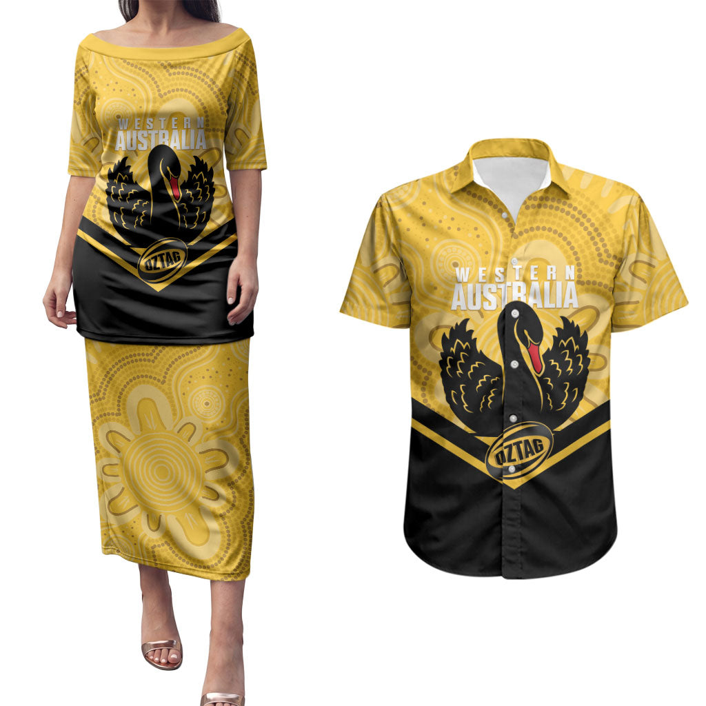 Western Australia Oztag Custom Couples Matching Puletasi and Hawaiian Shirt WA Black Swan Indigenous Art