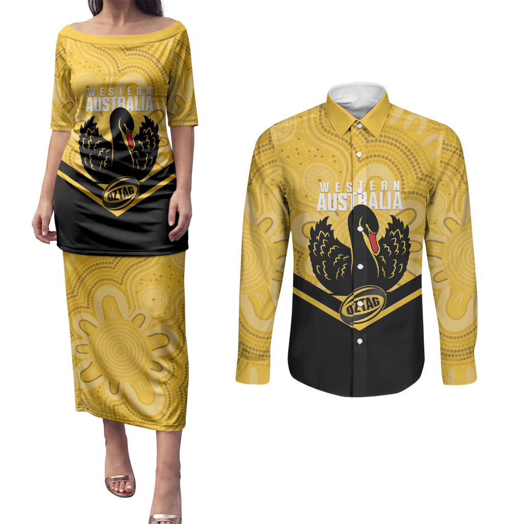 Western Australia Oztag Custom Couples Matching Puletasi and Long Sleeve Button Shirt WA Black Swan Indigenous Art