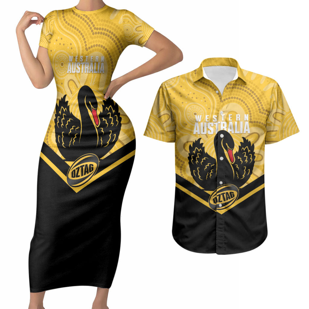 Western Australia Oztag Custom Couples Matching Short Sleeve Bodycon Dress and Hawaiian Shirt WA Black Swan Indigenous Art