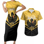 Western Australia Oztag Custom Couples Matching Short Sleeve Bodycon Dress and Hawaiian Shirt WA Black Swan Indigenous Art