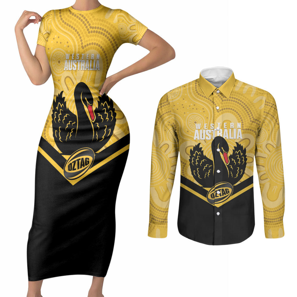 Western Australia Oztag Custom Couples Matching Short Sleeve Bodycon Dress and Long Sleeve Button Shirt WA Black Swan Indigenous Art