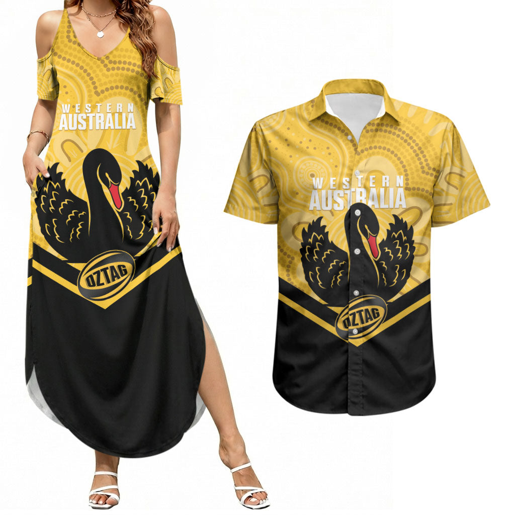 Western Australia Oztag Custom Couples Matching Summer Maxi Dress and Hawaiian Shirt WA Black Swan Indigenous Art