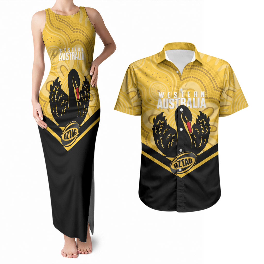 Western Australia Oztag Custom Couples Matching Tank Maxi Dress and Hawaiian Shirt WA Black Swan Indigenous Art