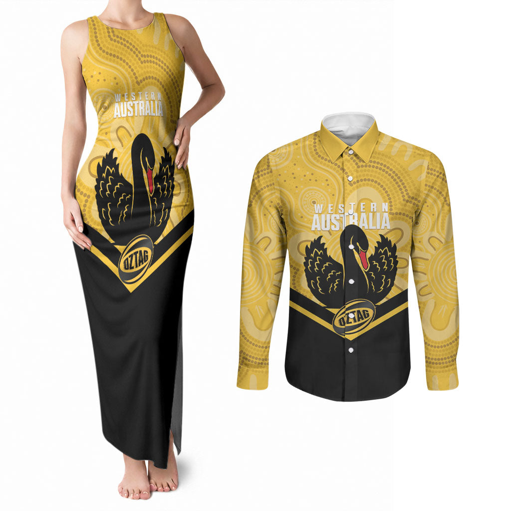 Western Australia Oztag Custom Couples Matching Tank Maxi Dress and Long Sleeve Button Shirt WA Black Swan Indigenous Art