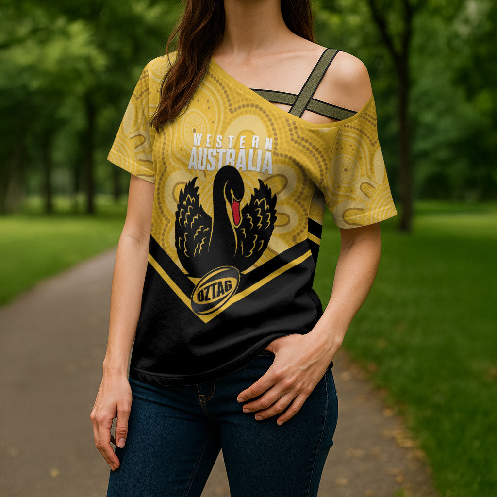 Western Australia Oztag Custom Cross Shoulder Shirt WA Black Swan Indigenous Art