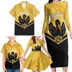 Western Australia Oztag Custom Family Matching Long Sleeve Bodycon Dress and Hawaiian Shirt WA Black Swan Indigenous Art
