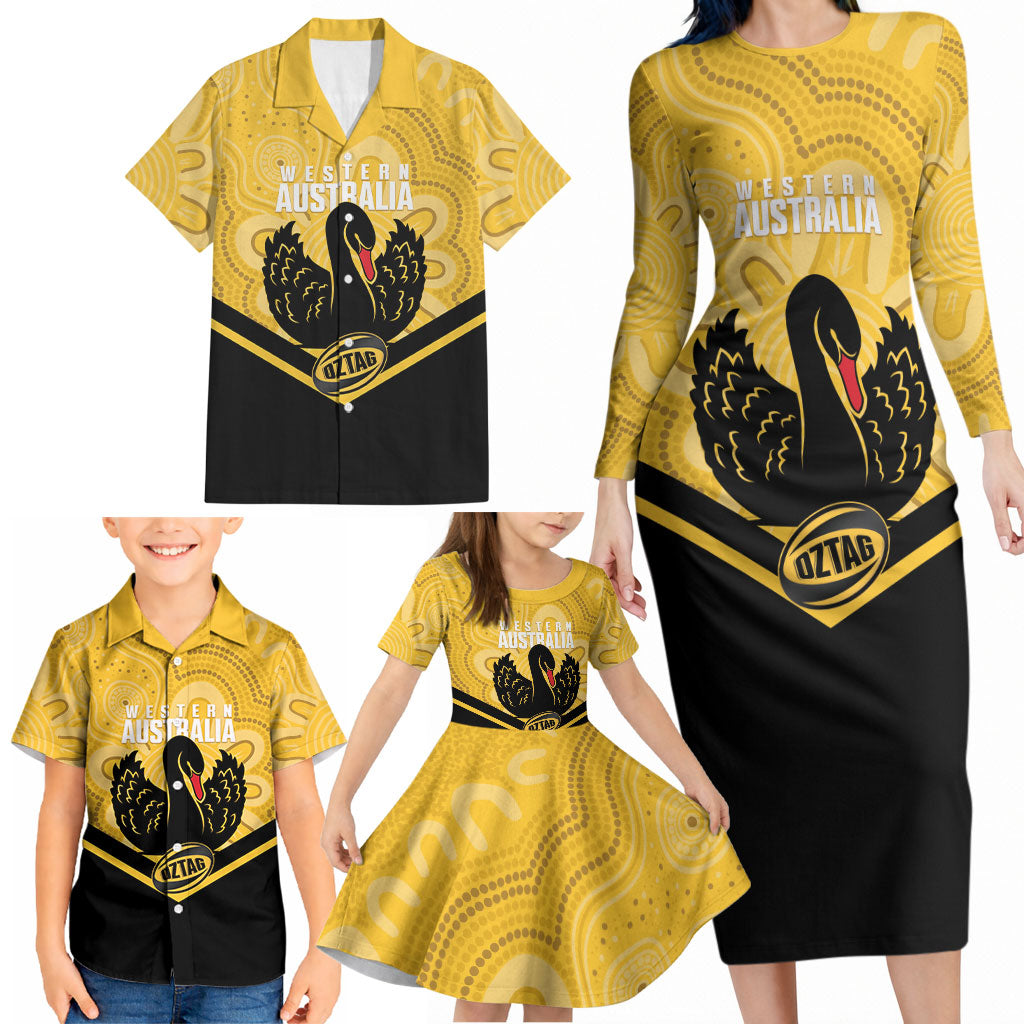 Western Australia Oztag Custom Family Matching Long Sleeve Bodycon Dress and Hawaiian Shirt WA Black Swan Indigenous Art