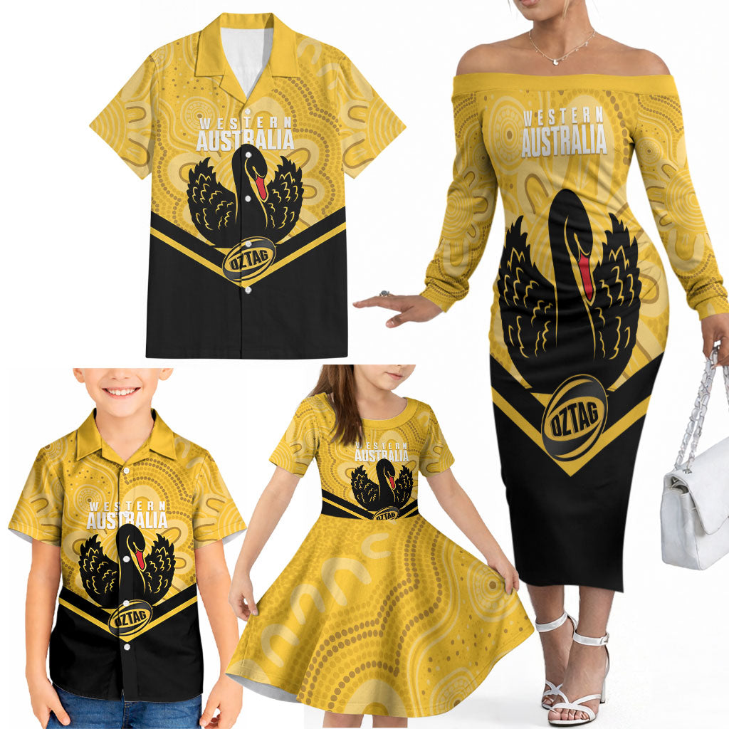 Western Australia Oztag Custom Family Matching Off The Shoulder Long Sleeve Dress and Hawaiian Shirt WA Black Swan Indigenous Art