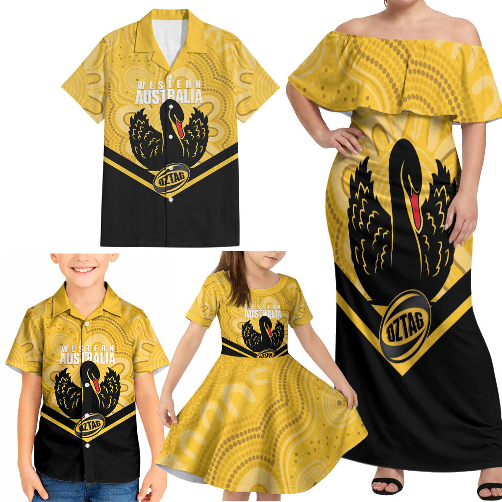 Western Australia Oztag Custom Family Matching Off Shoulder Maxi Dress and Hawaiian Shirt WA Black Swan Indigenous Art