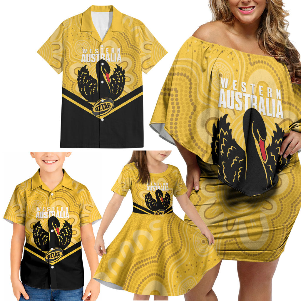 Western Australia Oztag Custom Family Matching Off Shoulder Short Dress and Hawaiian Shirt WA Black Swan Indigenous Art