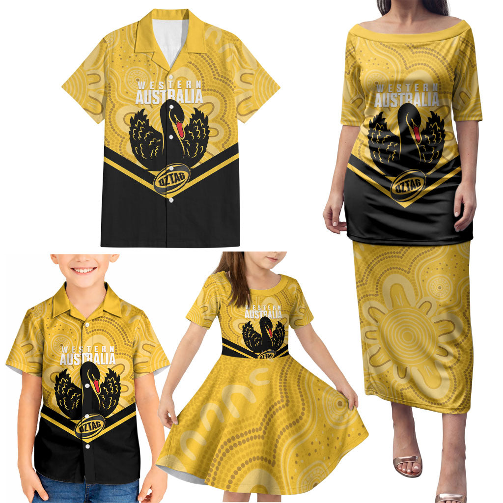 Western Australia Oztag Custom Family Matching Puletasi and Hawaiian Shirt WA Black Swan Indigenous Art