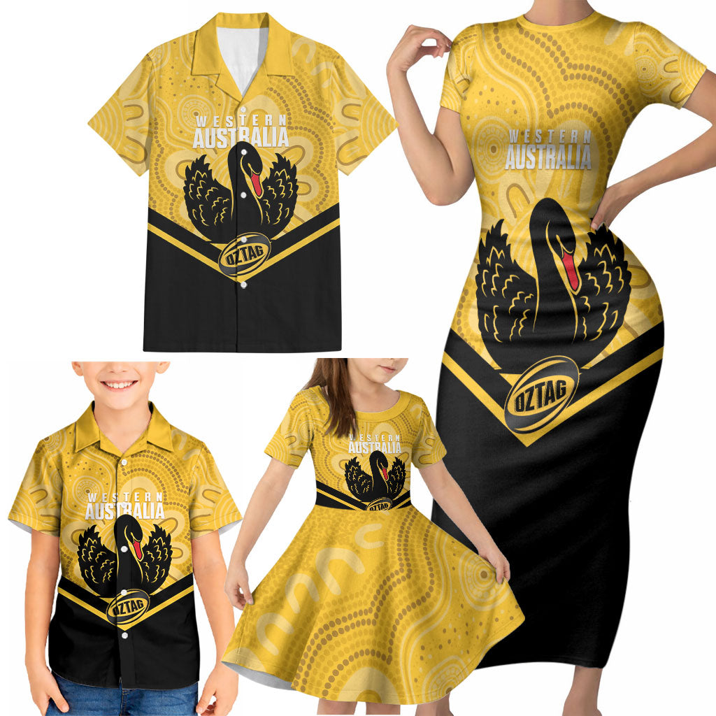 Western Australia Oztag Custom Family Matching Short Sleeve Bodycon Dress and Hawaiian Shirt WA Black Swan Indigenous Art