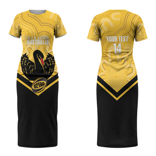 Western Australia Oztag Custom Family Matching Short Sleeve Bodycon Dress and Hawaiian Shirt WA Black Swan Indigenous Art