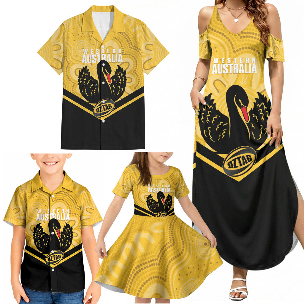 Western Australia Oztag Custom Family Matching Summer Maxi Dress and Hawaiian Shirt WA Black Swan Indigenous Art