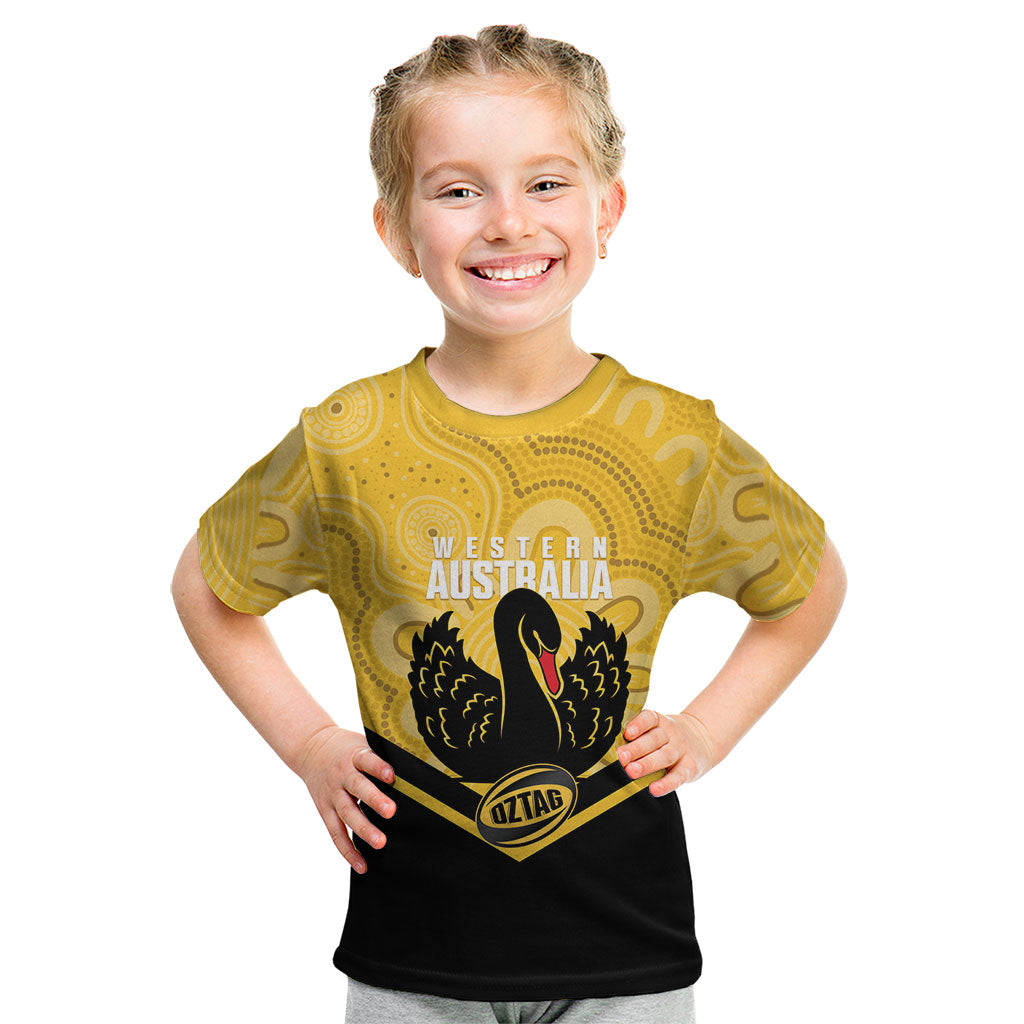 Western Australia Oztag Custom Kid T Shirt WA Black Swan Indigenous Art