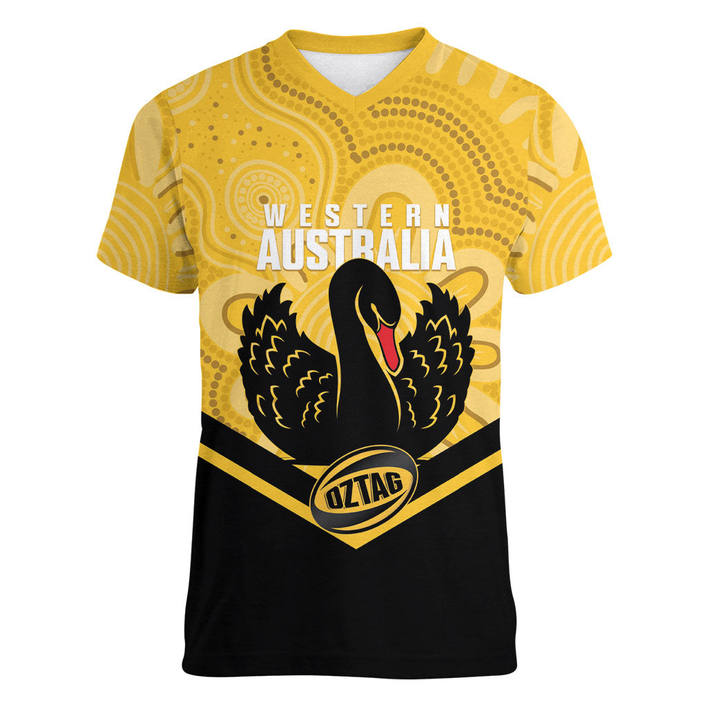 Western Australia Oztag Custom Women V-Neck T-Shirt WA Black Swan Indigenous Art