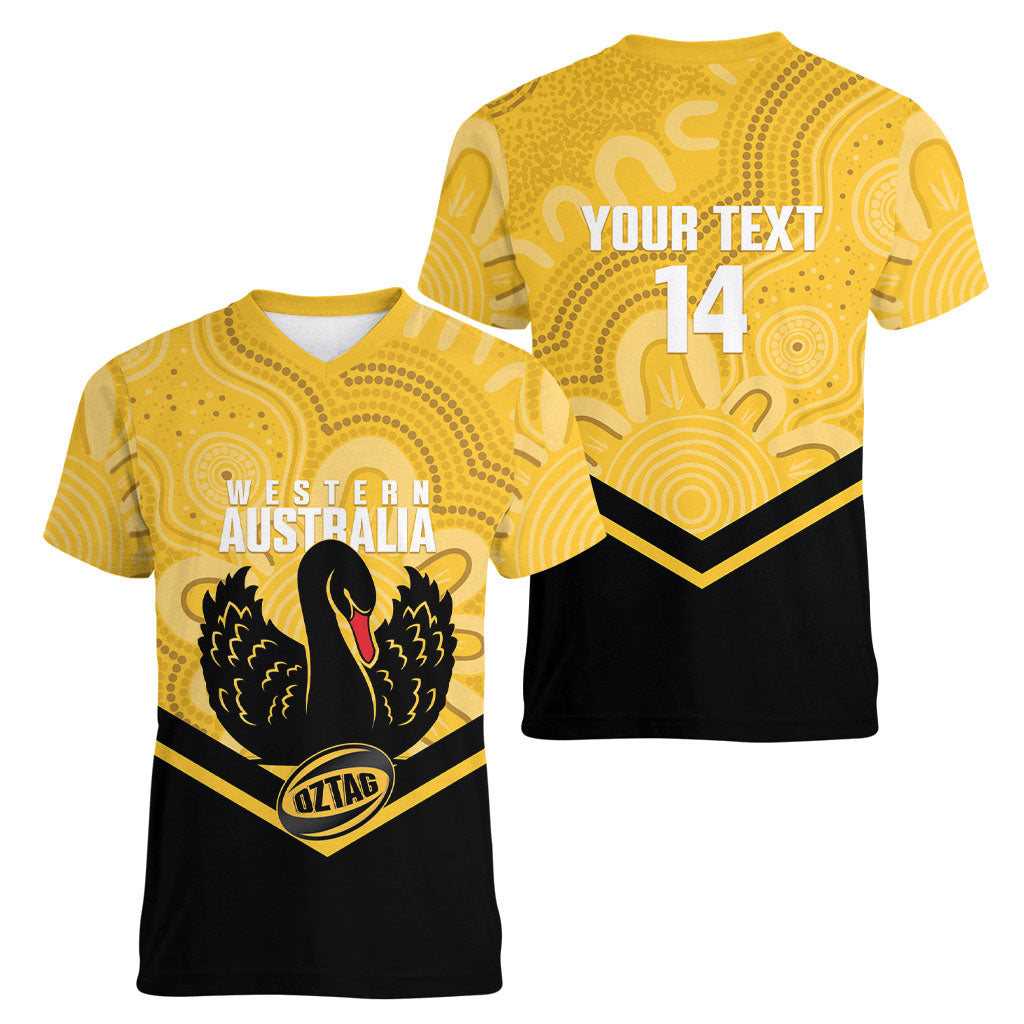 Western Australia Oztag Custom Women V-Neck T-Shirt WA Black Swan Indigenous Art