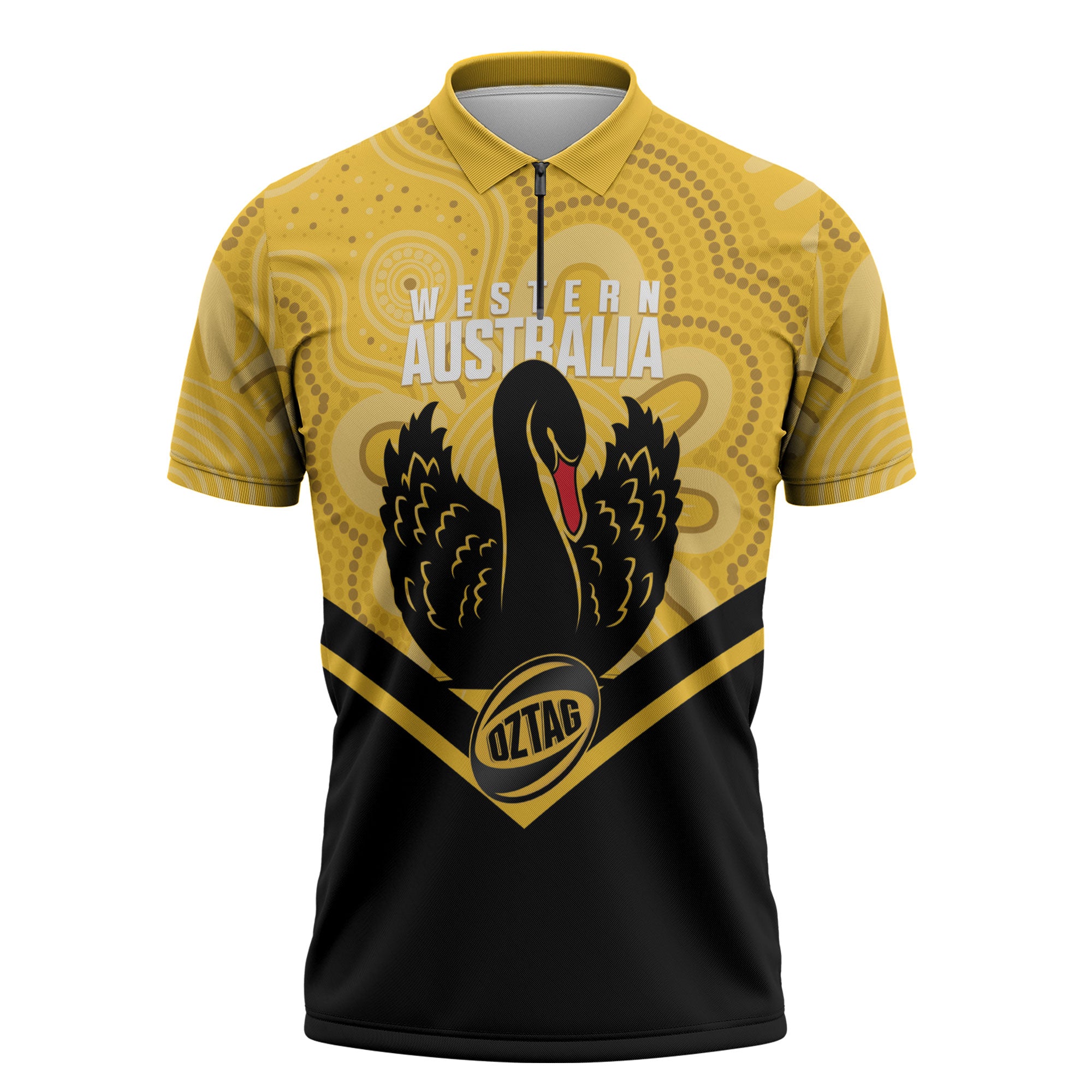 Western Australia Oztag Custom Zipper Polo Shirt WA Black Swan Indigenous Art