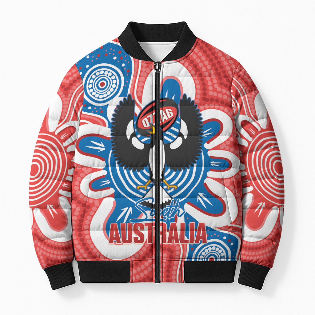 South Australia Oztag Custom Bomber Puffer Jacket SA Piping Shrike Indigenous Art