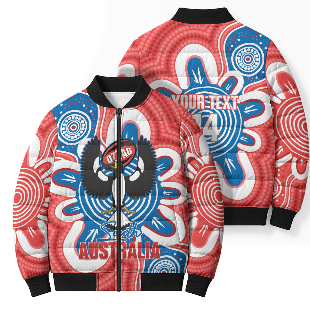 South Australia Oztag Custom Bomber Puffer Jacket SA Piping Shrike Indigenous Art