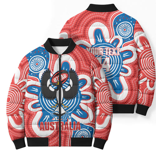 South Australia Oztag Custom Bomber Puffer Jacket SA Piping Shrike Indigenous Art