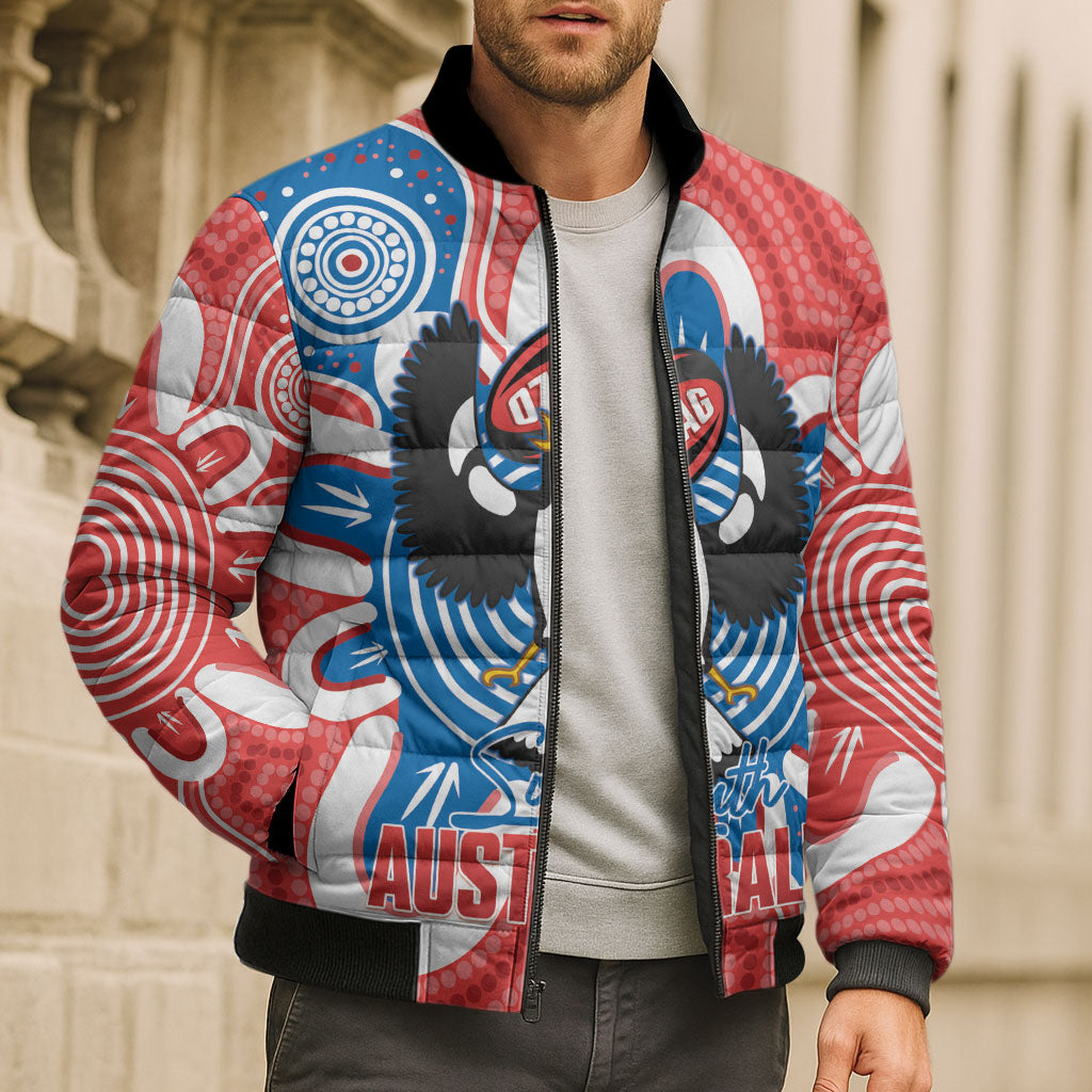 South Australia Oztag Custom Bomber Puffer Jacket SA Piping Shrike Indigenous Art