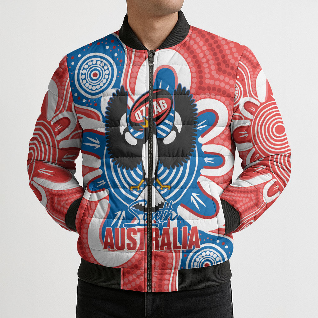 South Australia Oztag Custom Bomber Puffer Jacket SA Piping Shrike Indigenous Art