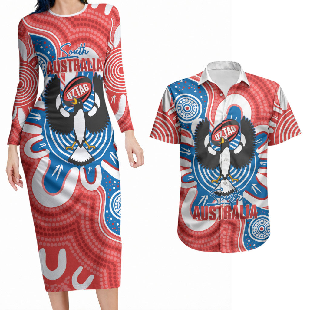 South Australia Oztag Custom Couples Matching Long Sleeve Bodycon Dress and Hawaiian Shirt SA Piping Shrike Indigenous Art