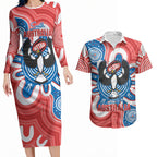 South Australia Oztag Custom Couples Matching Long Sleeve Bodycon Dress and Hawaiian Shirt SA Piping Shrike Indigenous Art