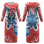 South Australia Oztag Custom Couples Matching Long Sleeve Bodycon Dress and Hawaiian Shirt SA Piping Shrike Indigenous Art