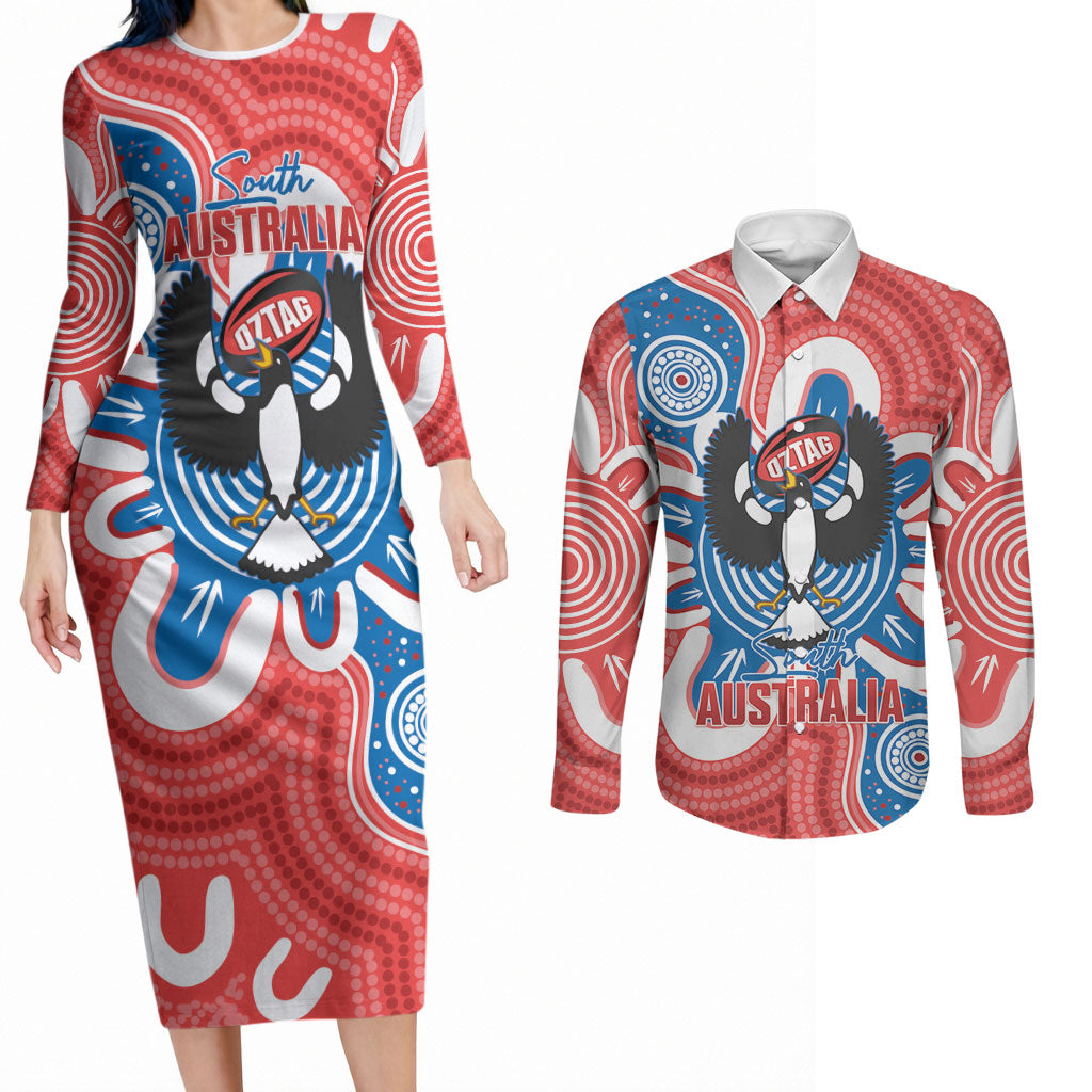 South Australia Oztag Custom Couples Matching Long Sleeve Bodycon Dress and Long Sleeve Button Shirt SA Piping Shrike Indigenous Art