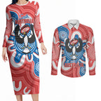 South Australia Oztag Custom Couples Matching Long Sleeve Bodycon Dress and Long Sleeve Button Shirt SA Piping Shrike Indigenous Art