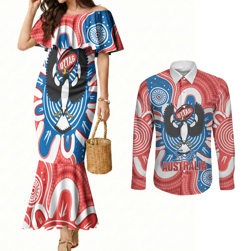 South Australia Oztag Custom Couples Matching Mermaid Dress and Long Sleeve Button Shirt SA Piping Shrike Indigenous Art