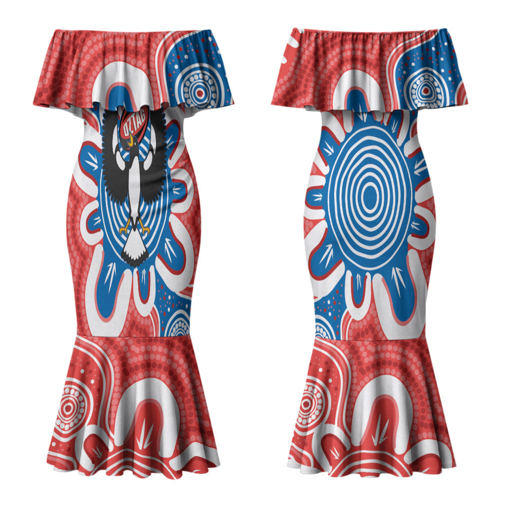 South Australia Oztag Custom Couples Matching Mermaid Dress and Long Sleeve Button Shirt SA Piping Shrike Indigenous Art
